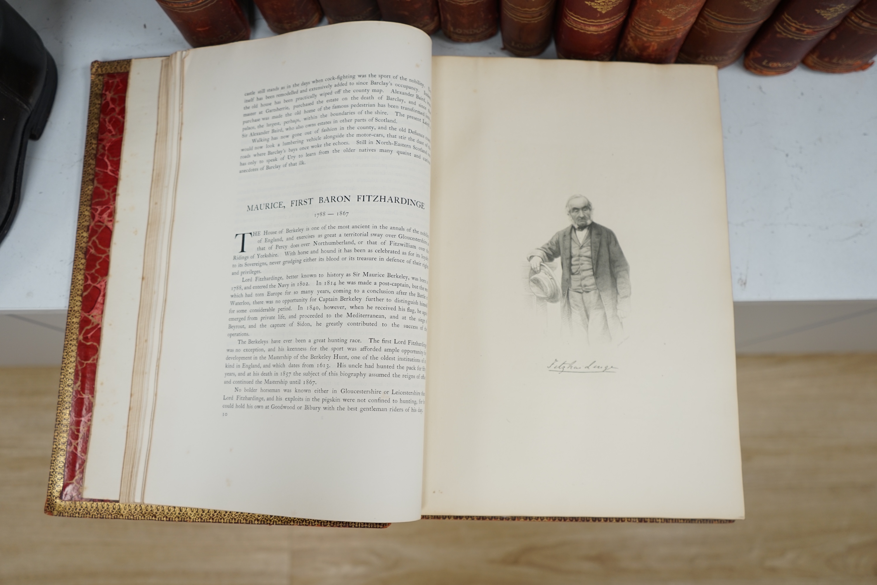 British Sports and Sportsmen. 12 vols., including Shooting and Deerstalking; Polo and Coaching; Yachting and Rowing; Racing. with photogravure portaits and other num. illus. for each vol.; publisher's gilt red morocco, g